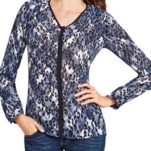 CAbi Blue Leopard Print V-Neck Blouse